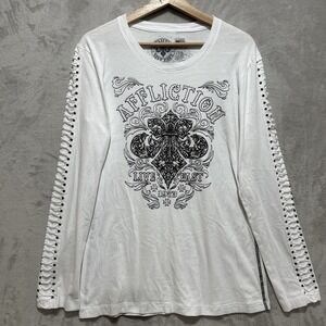 Affliction Awakening Long Cut Out Sleeve Tee Womens Size XL White Graphic Print